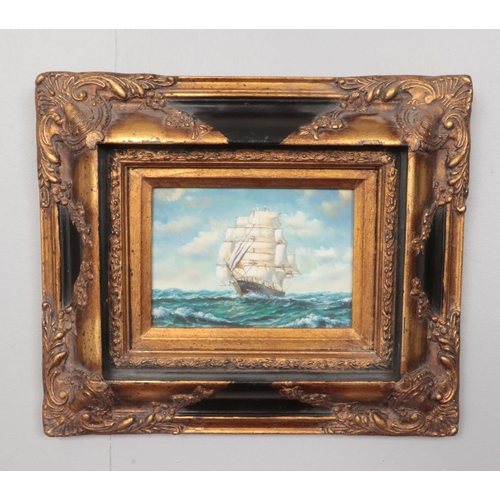 180 - After Montague Dawson, gilt framed oil on canvas. Ship in full sail, 17 x 12cm.