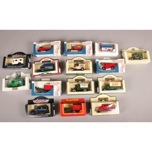 393 - A collection of 15 Lledo Days Gone die cast vehicles. Horse Drawn Delivery Van Royal Mail, Renault V... 