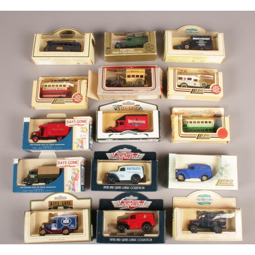 394 - A collection of 15 Lledo die cast vehicles. 1950 Morris Z Van Blue Gillette, Morris Parcel Van Warbu... 