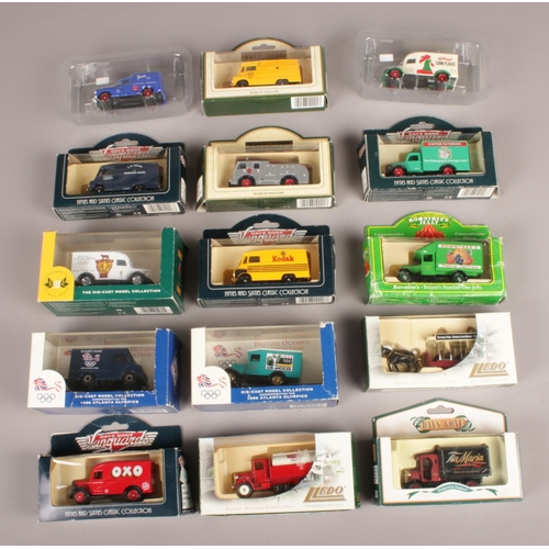 395 - A collection of 15 Lledo Days Gone die cast vehicles. Dennis Delivery Van Tia Maria, 1950 Bedford 30... 