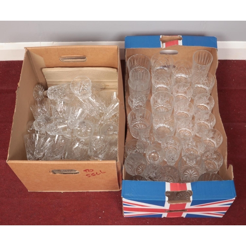 485 - Two boxes of cut crystal glass wares. Tumblers, sherry glasses, wine glasses and other examples etc.