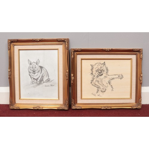 197 - Two gilt frame Louis Wain style sketches. Cat and pig.