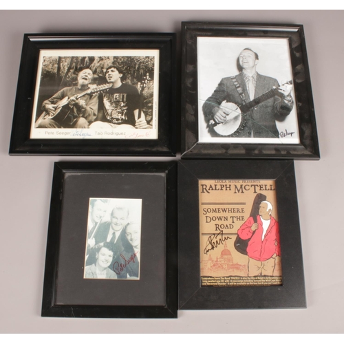 102 - Three autographed photographs of Peter Seeger along with a framed autographed Ralph Mctell promotion... 