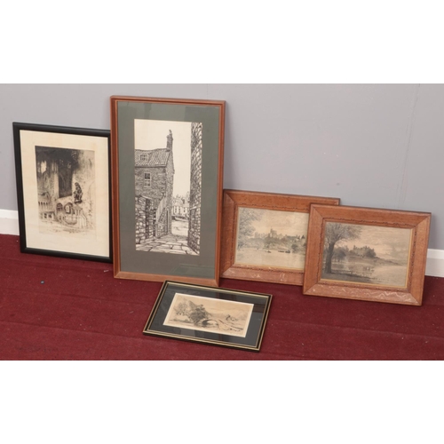 171 - A quantity of pictures. Including two framed engravings castle scenes,