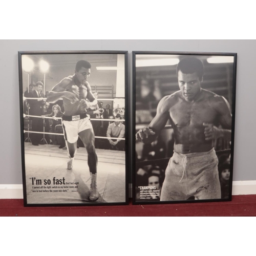 176 - Two framed monochrome prints of Muhammed Ali with quotes. H: 89.5cm, W:60cm.