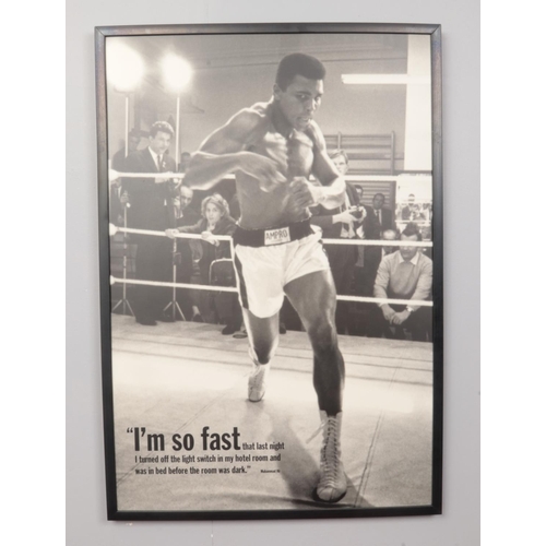 176 - Two framed monochrome prints of Muhammed Ali with quotes. H: 89.5cm, W:60cm.