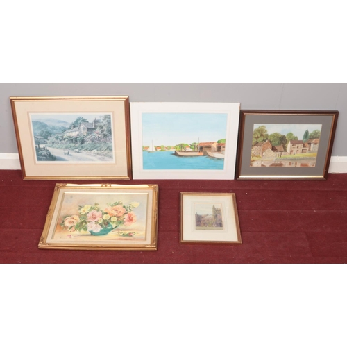 188 - Five pictures in various media. To include a Rose M Corfield watercolour of Magdalen College, Oxford... 