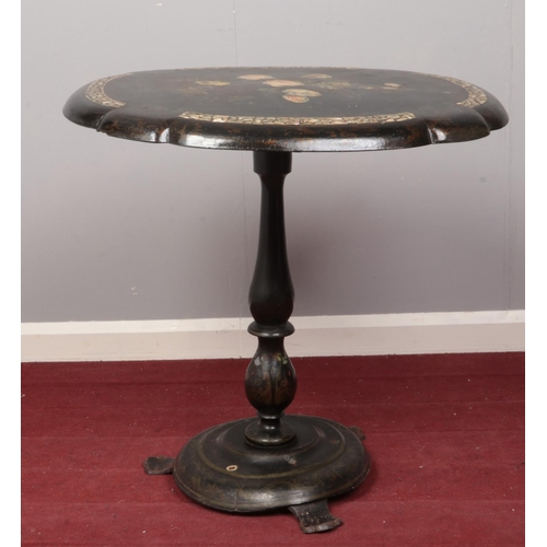 359 - A Victorian lacquered paper mache inlaid abalone shell tilt top occasional table. (69cm height x 59c... 