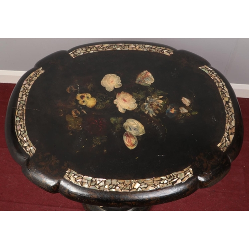 359 - A Victorian lacquered paper mache inlaid abalone shell tilt top occasional table. (69cm height x 59c... 