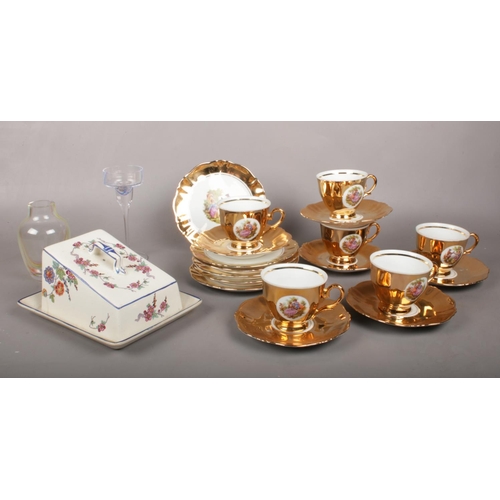 121 - A group of miscellaneous. Bond ware tea set- cups/saucers side plates, ceramic floral cheese dish et... 