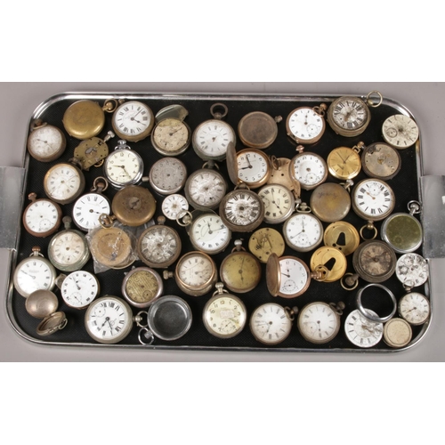 63 - A tray of pocket watches, movements, parts etc. Includes yellow metal full hunters, gun metal.