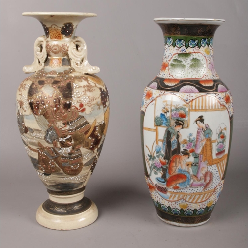 64 - Two Japanese ceramic vases. To include a Satsuma style vase depicting a warrior, along with a vase d... 