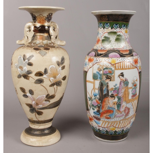 64 - Two Japanese ceramic vases. To include a Satsuma style vase depicting a warrior, along with a vase d... 