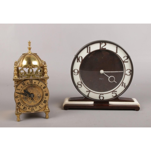 90 - Two Smiths clocks. A vintage art deco metal & bakelite mantle clock & a small brass lantern clock.