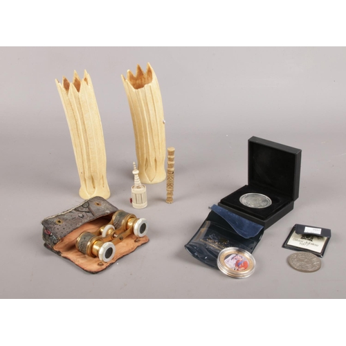 92 - A selection of collectables. Ivory vases (18cm height), Vintage cased opera glasses, commemorative c... 