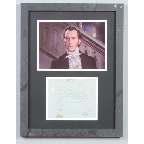 208 - A framed Peter Cushing display. With original letter from the Horror genre actor to a fan, dated 197... 