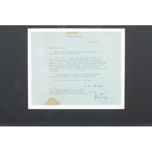208 - A framed Peter Cushing display. With original letter from the Horror genre actor to a fan, dated 197... 