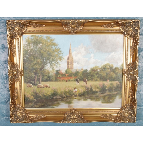 308 - Stephen Park, gilt framed oil on canvas depicting boy playing in a river with sheep and cattle. (44c... 