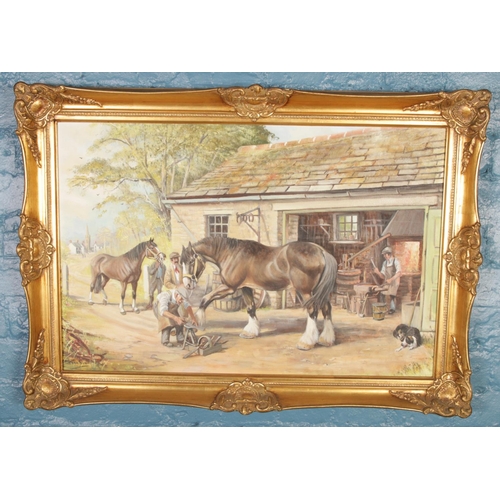 309 - Cyril Dickins, gilt framed oil on canvas depicting blacksmith forge working on horseshoes. (50cm x 7... 