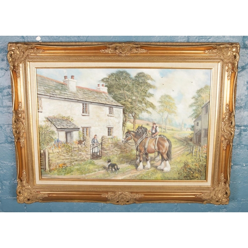 310 - Cyril Dickins, gilt framed oil on canvas depicting farmhouse with horse and figures. (50cm x 75cm)