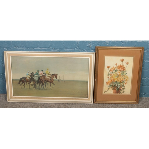 311 - A gilt framed watercolour still life of flowers along with a print depicting race horses.