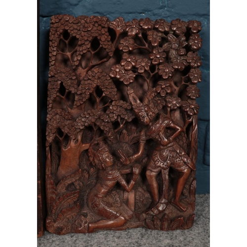 315 - Two wooden wall carvings. To include a large Mahogany carved plaque of King Charles I leaving Kingst... 