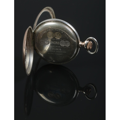 342 - A continental 800 silver Zenith pocket watch, with 15 jewel movement (1013501). Inside of engine tur... 