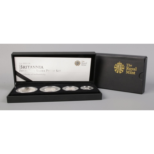 377 - The Royal Mint: 2011 UK Britannia four coin silver proof set; 20p, 50p, £1 and £2 denominations. In ... 