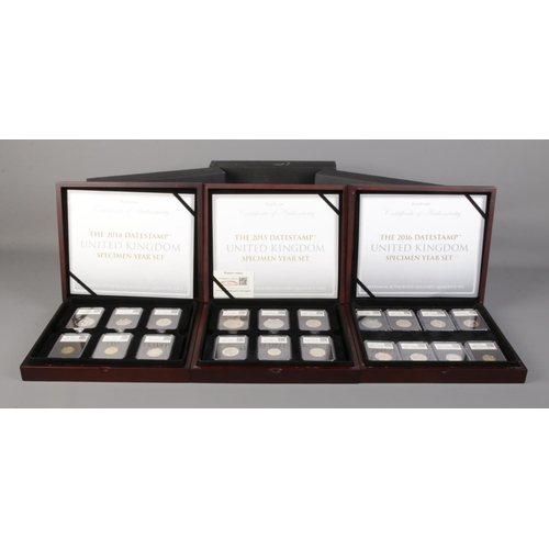 378 - Datestamp: 2014, 2015 and 2016 coin specimen sets. All boxed with certificates of authenticity.