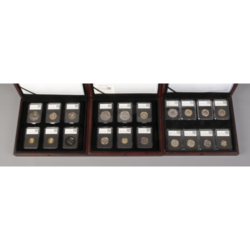 378 - Datestamp: 2014, 2015 and 2016 coin specimen sets. All boxed with certificates of authenticity.