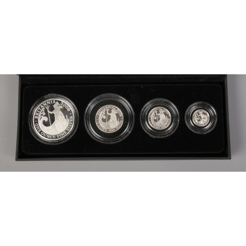 382 - The Royal Mint: 2008 UK Britannia four coin silver proof set; 20p, 50p, £1 and £2 denominations. In ... 