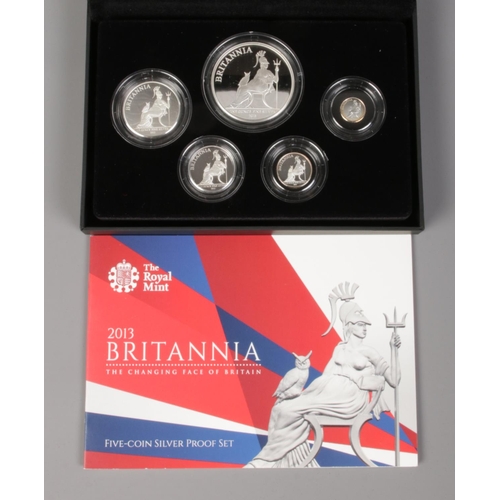 383 - The Royal Mint: 2013 UK Britannia Collection five coin silver proof set; 10p, 20p, 50p, £1 and £2 de... 