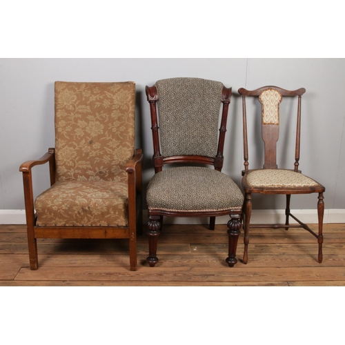 527 - Three assorted chairs. To include a reclining arm chair. Armchair: H:93cm W:56cm D:41cm.