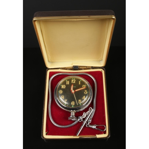 370 - A Smiths pocket watch with fob chain in original box. With yellow numbers, fluorescent markers and r... 