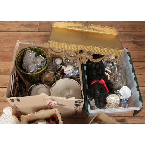 236 - Four boxes of miscellaneous. Includes Wileman pottery, Doulton & Watts stoneware, gilt wall shelf, N... 