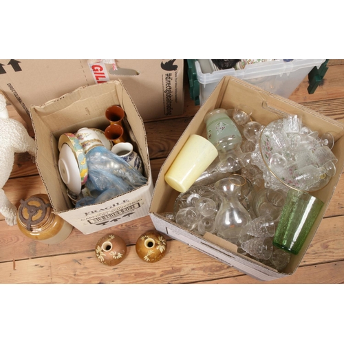 236 - Four boxes of miscellaneous. Includes Wileman pottery, Doulton & Watts stoneware, gilt wall shelf, N... 