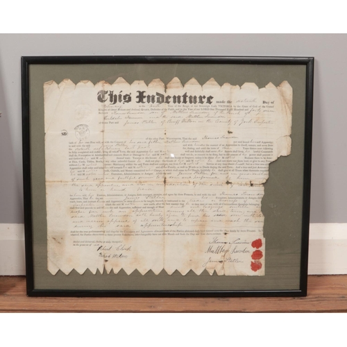 326 - A framed early Victorian hand signed indenture, together with an 1882 reprinted broadsheet from the ... 