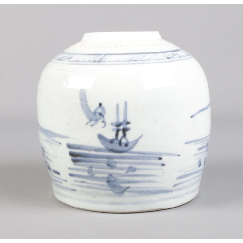 107 - A 19th century Chinese ginger jar decorated in underglaze blue with landscape scenes.