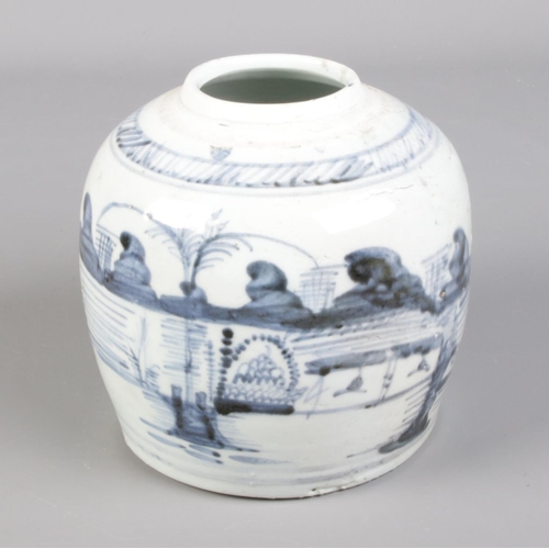 107 - A 19th century Chinese ginger jar decorated in underglaze blue with landscape scenes.