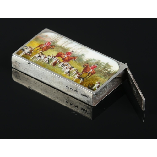 126 - A Victorian silver and enamel vesta case, decorated with a hunting scene. Assayed 1890 by Sampson Mo... 