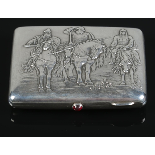 129 - A 20th century Russian silver cigarette case with embossed scene depicting Bogatyrs from Victor Vasn... 