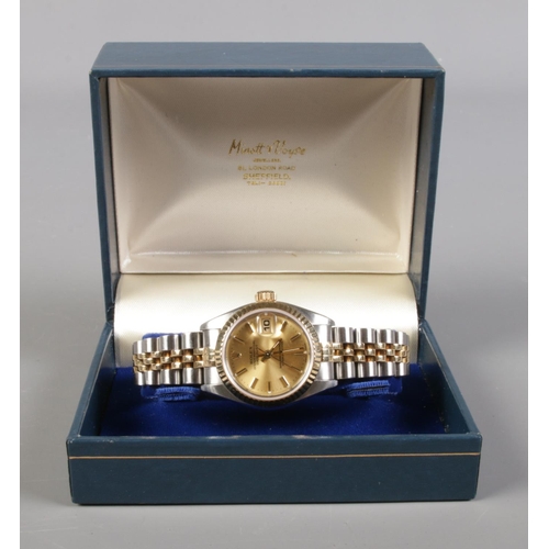 132 - A ladies bi metal Rolex Oyster Perpetual Datejust wristwatch. With box and papers.