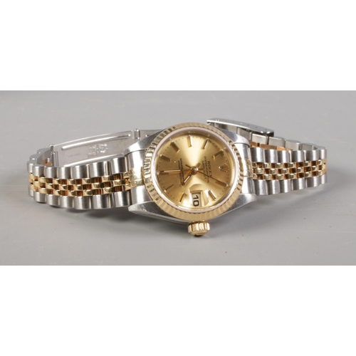 132 - A ladies bi metal Rolex Oyster Perpetual Datejust wristwatch. With box and papers.