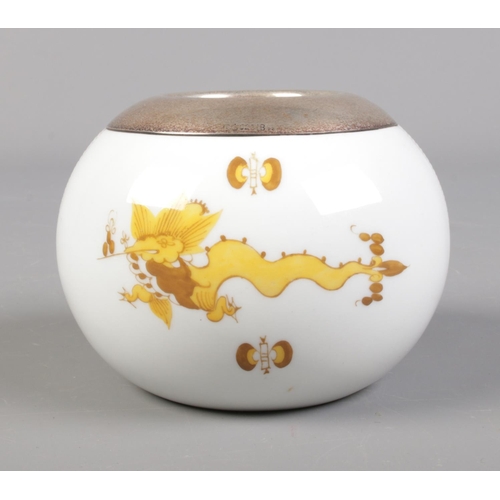 14 - A Meissen silver mounted porcelain match striker decorated in yellow with stylised dragons.