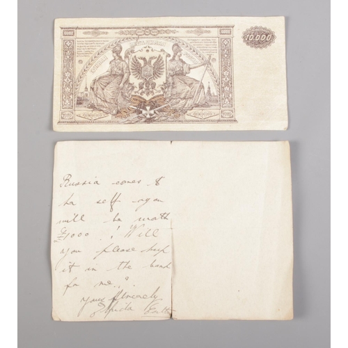 65 - A note from Countess Wharncliffe. Written on Wentworth Woodhouse telegram paper enclosing a 1919 10,... 