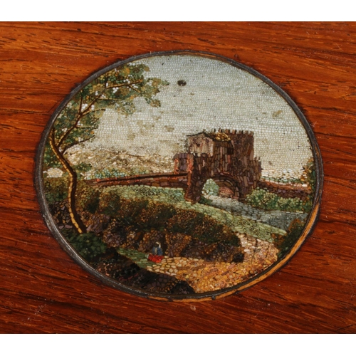 67 - A 19th century walnut tea caddy with micro mosaic landscape scene to top.