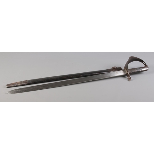 77 - A British 1859 pattern Royal Navy cutlass bayonet with leather and steel scabbard. Bearing War Depar... 