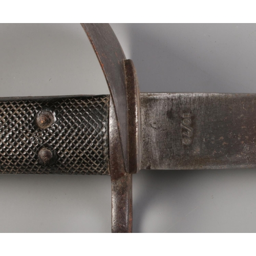 77 - A British 1859 pattern Royal Navy cutlass bayonet with leather and steel scabbard. Bearing War Depar... 