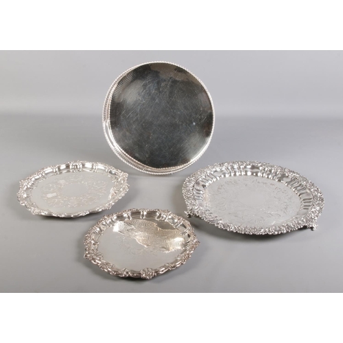 306 - Four silver plated trays. Includes Sheffield plate gallery example, Leclere etc.