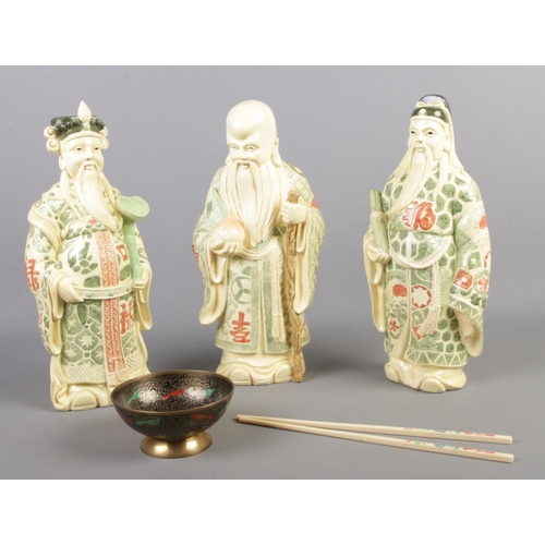 112 - A quantity of miscellaneous. To include three Past Times ceramic oriental style figures, small brass... 